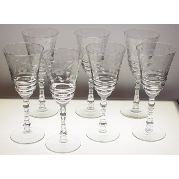 7 Rock Sharpe Halifax Water Goblet Crystal Glass Floral Etch Cut Stem Circa 40s - Picture 1 of 8